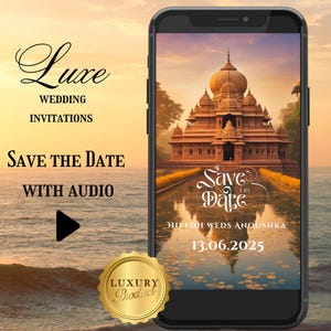 Pode incluir: O ecrã de um telemóvel mostra um convite de casamento "Save the Date" com uma fotografia de um templo dourado refletido numa piscina de água. O texto diz "Save the Date" com a data "13.06.2025" e os nomes "NIVFDH WEDS ANOUSHKA".