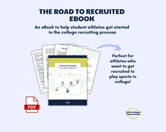 Puede incluir: Una portada de ebook azul y blanca con el título "The Road to Recruited" y un gráfico de una carretera con diferentes iconos deportivos. El ebook es una guía para ayudar a los atletas estudiantes a comenzar el proceso de reclutamiento universitario.