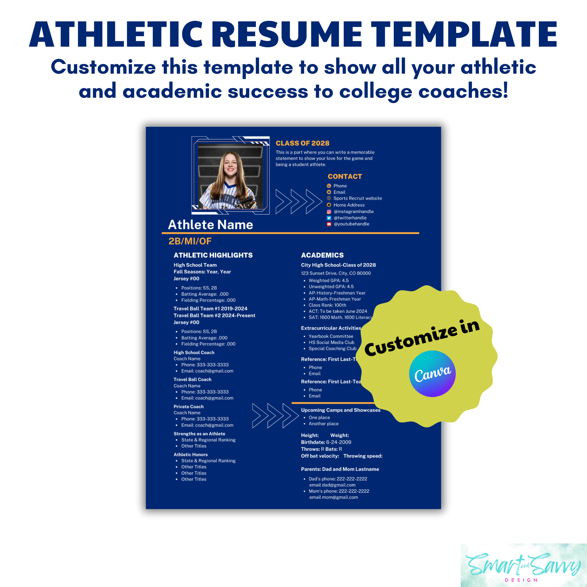 Allsports Athletic Resume Template for College Recruitment, Editable Allsports Athletic Resume Template for College Recruitment, Editable