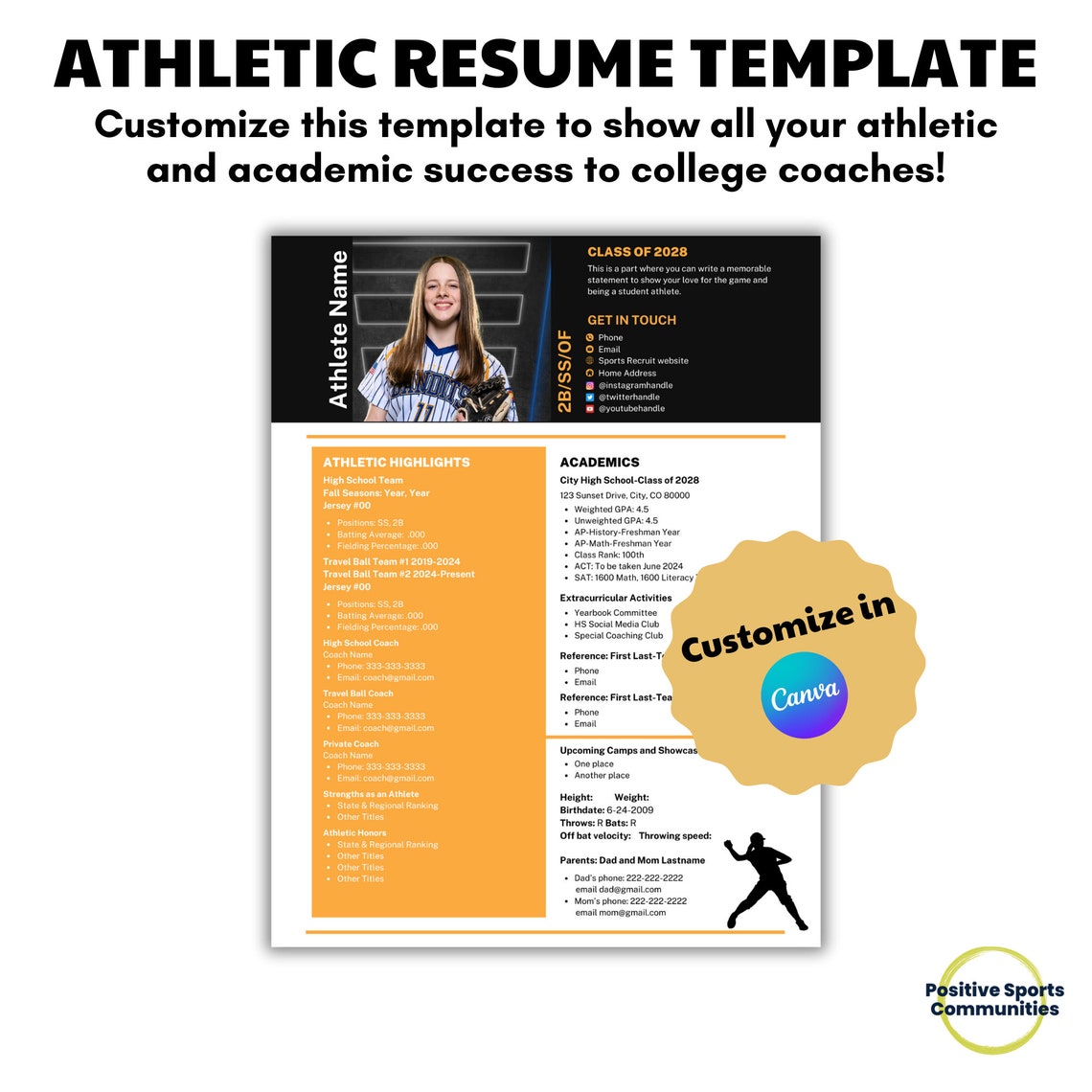 All sports Athletic Resume Template for College Recruitment Editable