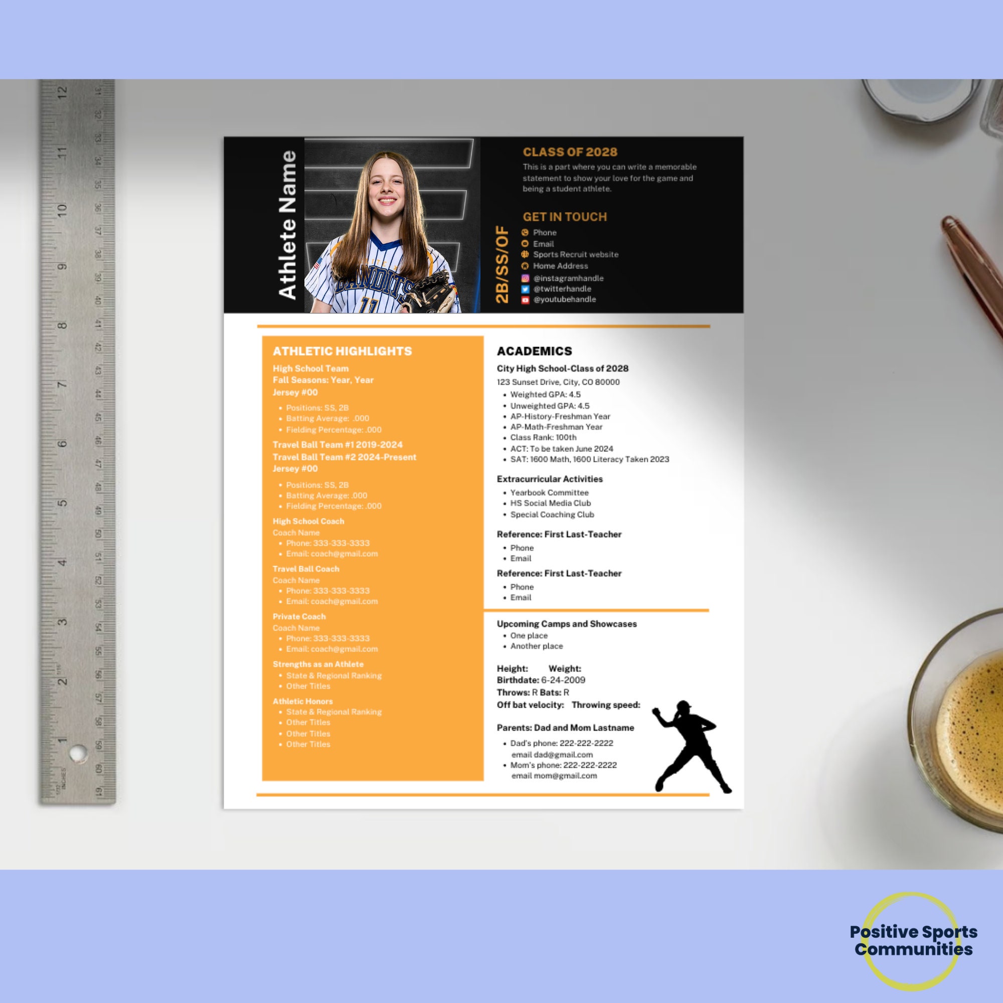Allsports Athletic Resume Template for College Recruitment, Editable Allsports Athletic Resume Template for College Recruitment, Editable