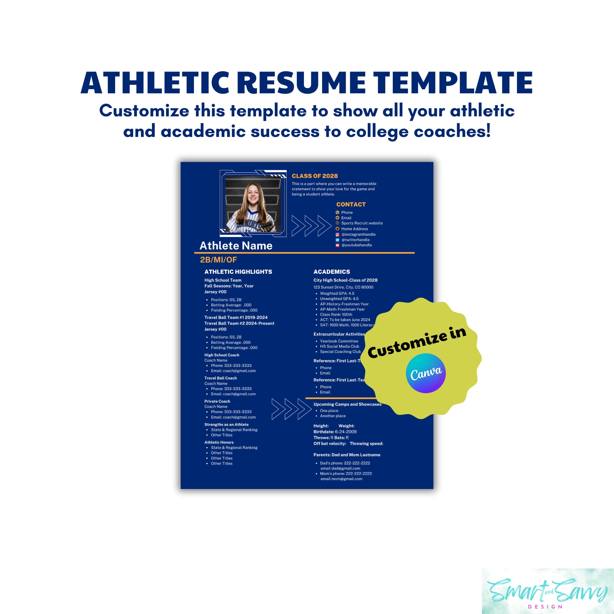 Allsports Athletic Resume Template for College Recruitment, Editable Allsports Athletic Resume Template for College Recruitment, Editable