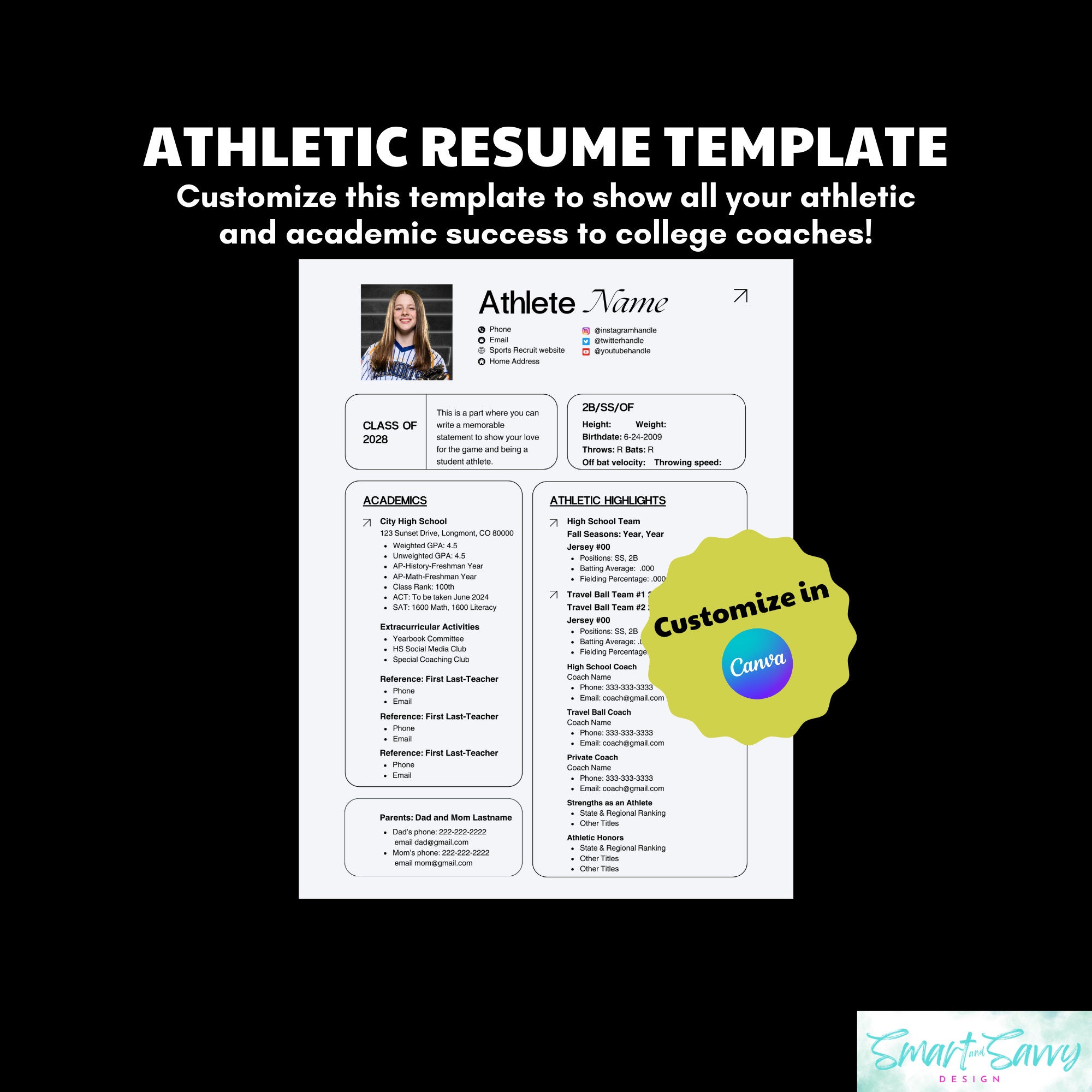 Allsports Athletic Resume Template for College Recruitment, Editable Allsports Athletic Resume Template for College Recruitment, Editable