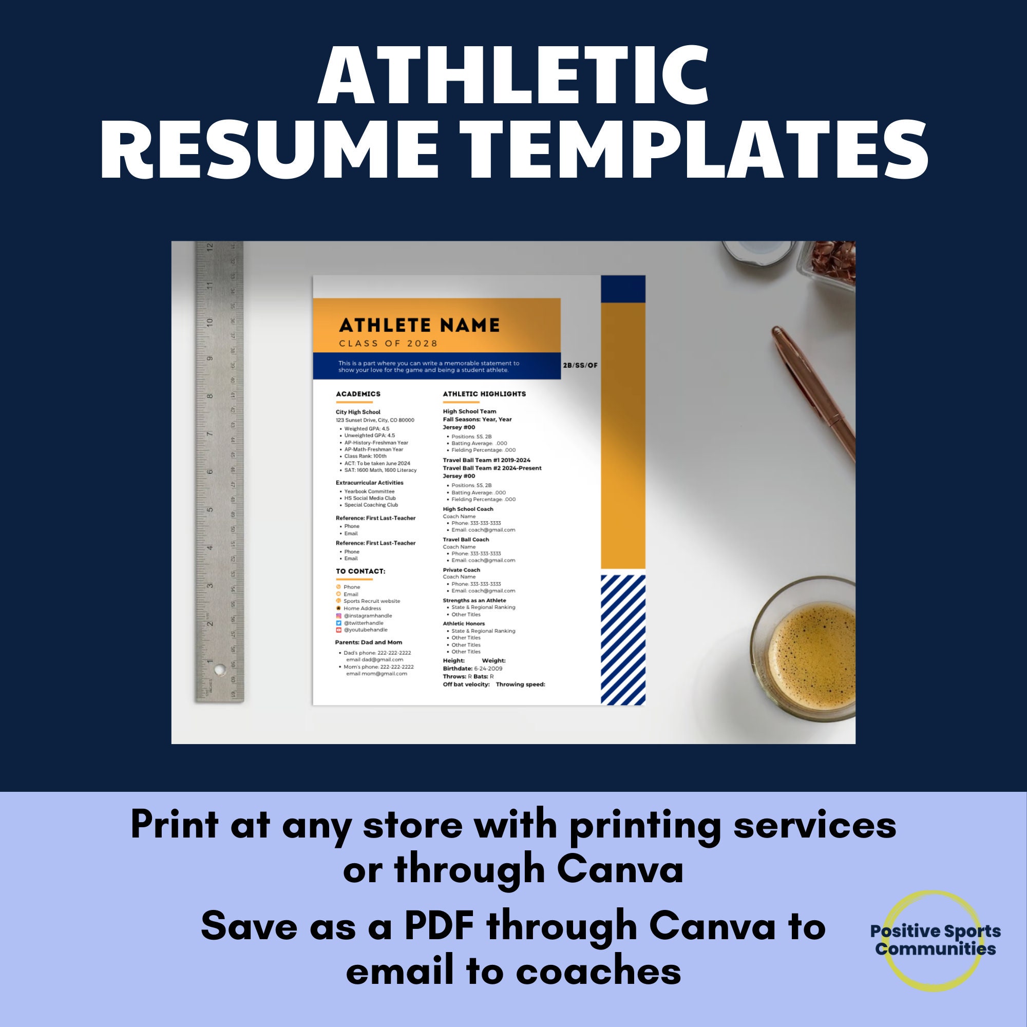 Allsports Athletic Resume Template for College Recruitment, Editable Allsports Athletic Resume Template for College Recruitment, Editable