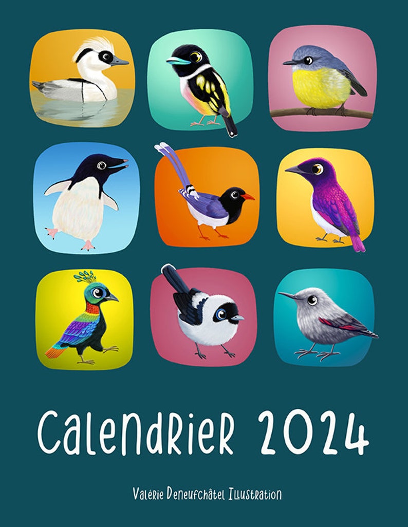 Calendrier 2024 Oiseaux / Format A4 / Production 100% française / Cadeau de Noël / Décoration / Illustration / Calendrier mural image 5