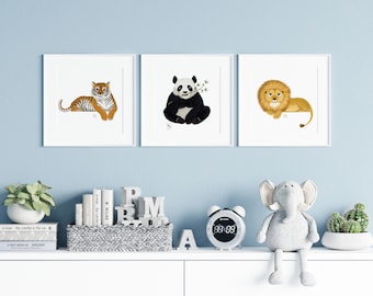 Affiches Panda, Lion, Tigre chambre d'enfant. Décoration, cadeau de naissance. LIVRAISON GRATUITE. Dessiné et imprimé en France.