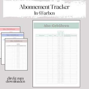 Op de afbeelding: Een afdrukbare abonnementen tracker in vier kleuren. De tracker heeft kolommen voor de abonnementsnaam, datum, prijs, jaarlijks, maandelijks, automatische verlenging en de datum van annulering.