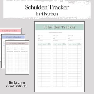 Könnte beinhalten: Ein druckbarer Schulden-Tracker in vier Farben. Der Tracker hat Bereiche für Kreditdetails, Fälligkeitstermin, Zahlungsbetrag und Restbetrag. Der Text auf der Seite lautet "Schulden Tracker".