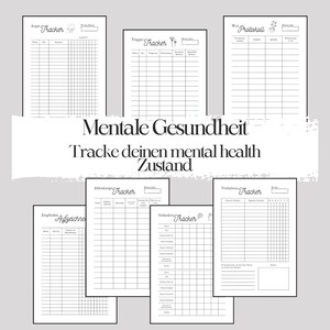 Könnte beinhalten: Ein druckbarer Mental-Health-Tracker mit Abschnitten zur Verfolgung von Triggern, Angstzuständen, Gedanken, Verhalten und einem Wohlfühl-Protokoll. Der Tracker soll Menschen helfen, ihre mentale Gesundheit und ihr Wohlbefinden zu verfolgen.