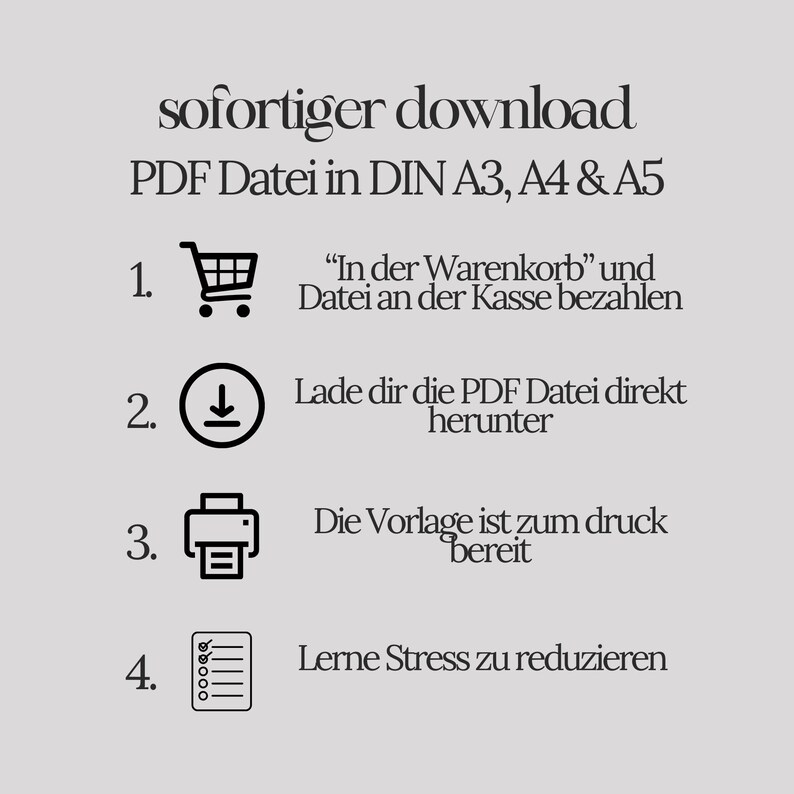 以下が含まれることがあります： PDF ファイルをダウンロードするための 4 つのステップを示すグラフィック。ステップは次のとおりです。1. カートに追加してチェックアウトする、2. PDF ファイルをダウンロードする、3. テンプレートは印刷の準備ができています、4. ストレスを軽減する方法を学ぶ。