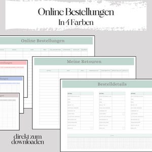 Könnte beinhalten: Druckbare Planerseiten für Online-Bestellungen und Rücksendungen. Die Seiten sind in vier Farben: rosa, blau, grau und grün. Die Seiten enthalten Abschnitte für Datum, Artikel, Shop, Preis, Zahlungsmethode, Lieferung und Rücksendeinformationen.