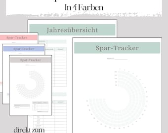 Könnte beinhalten: Ein druckbarer Spar-Tracker mit hellblauem Hintergrund. Der Tracker enthält ein Kreisdiagramm, um den Sparfortschritt zu verfolgen, eine Tabelle, um monatliche Ersparnisse aufzuzeichnen, und einen Abschnitt, um Sparziele festzulegen. Der Text "Spar-Tracker" befindet sich oben auf der Seite.