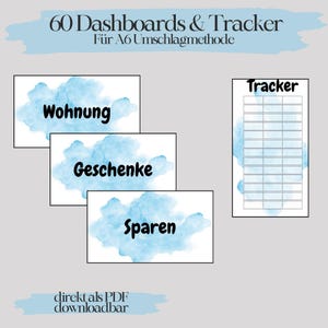 Könnte beinhalten: Ein digitaler Planer mit dem Text "60 Dashboards & Tracker" und "Für A6 Umschlagmethode". Das Bild enthält mehrere Karten mit den Wörtern "Wohnung", "Geschenke" und "Sparen". Ein Tracker ist ebenfalls abgebildet. Der Text "direkt als PDF downloadbar" steht unten.