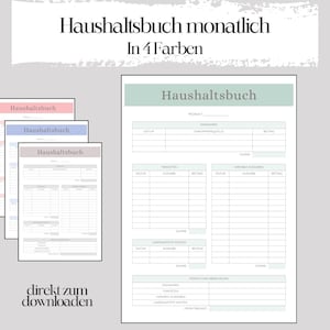 Könnte beinhalten: Vier druckbare Haushaltsbuchvorlagen in verschiedenen Farben. Jede Vorlage enthält Abschnitte für Einnahmen, feste Ausgaben, variable Ausgaben und unerwartete Kosten. Die Vorlagen sind mit "Haushaltsbuch" betitelt.