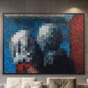 May include: A modern living room featuring a large, modular cream-colored sofa with multiple cushions. A wooden coffee table holds decorative items. A large abstract artwork with blue, red, and black squares hangs above the sofa. The room has a neutral color palette.