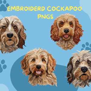 Pode incluir: Quatro imagens bordadas de cães Cockapoo. Cada imagem é um close-up do rosto do cão. Os cães têm pelo marrom, branco e bege. O fundo é azul claro com nuvens brancas.