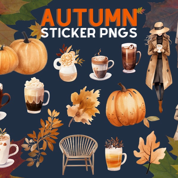 Autumn PNG Sticker Bundle, High-Res Illustrations, Digital Download, Autumn Decor, Stickers, Printable Art