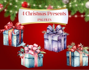 Bundle 5 Christmas Presents PNG Files, High-Res Christmas Illustrations, Digital Download, Christmas Decor, Scrapbooking, Printable Art