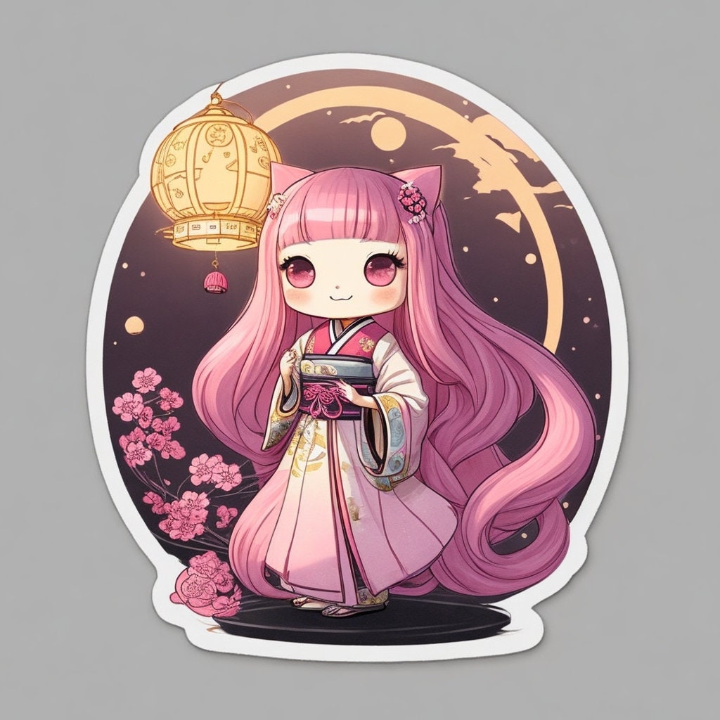 4 Adorable Pink Geisha Girl Chibi Anime Clipart Bundle PNG/ Commercial