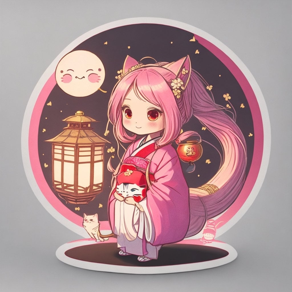 4 Adorable Pink Geisha Girl Chibi Anime Clipart Bundle PNG/ Commercial