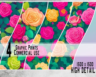 4 High Detail Roses and Leaf Print /Flower Tshirt Print / Commercial Rights Digital Art Prints