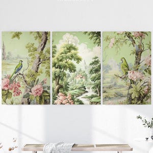 Toile-de-jouypatroon | Saliegroene muurkunst | Wanddecoratie | 3-delige muurkunstset | Drieluik muurkunst | Digitale afdrukbare kunst | Atelier Jouy