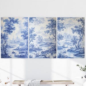 Toile-de-jouypatroon | Saliegroene muurkunst | Wanddecoratie | 3-delige muurkunstset | Drieluik muurkunst | Digitale afdrukbare kunst | Atelier Jouy