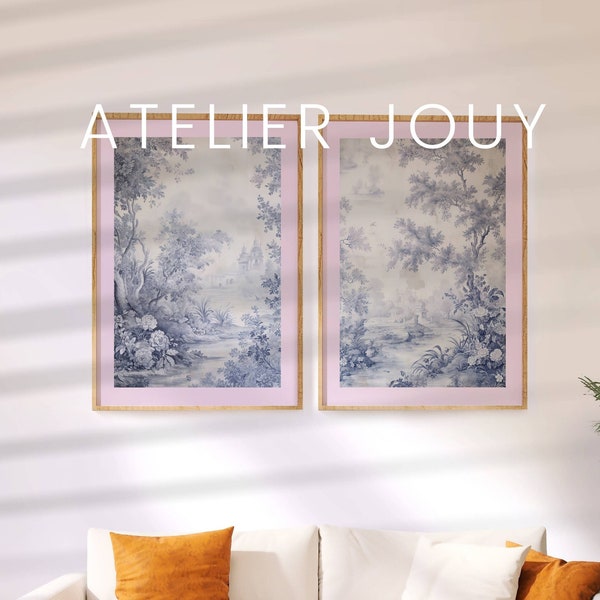 Japandi Wall Art Light Pink Diptych Art Decor Light Blue Wall Art Room Prints Vintage Effect Toile de Jouy Blue Room Decor