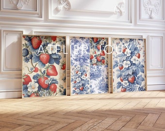 3 Piece Wall Art Set Strawberry Triptych Wall Art Maximalist Gallery Wall Set Colorful Red White Royal Blue Retro Wall Art Toile de Jouy