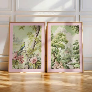 Arte de pared verde salvia, juego de arte de pared Toile rosa claro, díptico, decoración de pared, pintura de pájaros, póster verde rosa claro