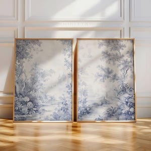 Décoration murale Japandi | Art mural Toile de Jouy | Art japonais | Diptyque | Art mural bleu clair | Impressions d'art mural effet vintage | Atelier Jouy