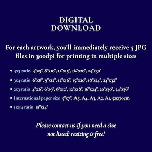 Puede incluir: Gr&aacute;fico de descarga digital azul oscuro con texto blanco. El texto enumera varios tama&ntilde;os de impresi&oacute;n en cm, incluyendo 10x13, 20x25, 30x38, 40x51 y 61x76. Tambi&eacute;n menciona 5 archivos JPG a 300 ppp.