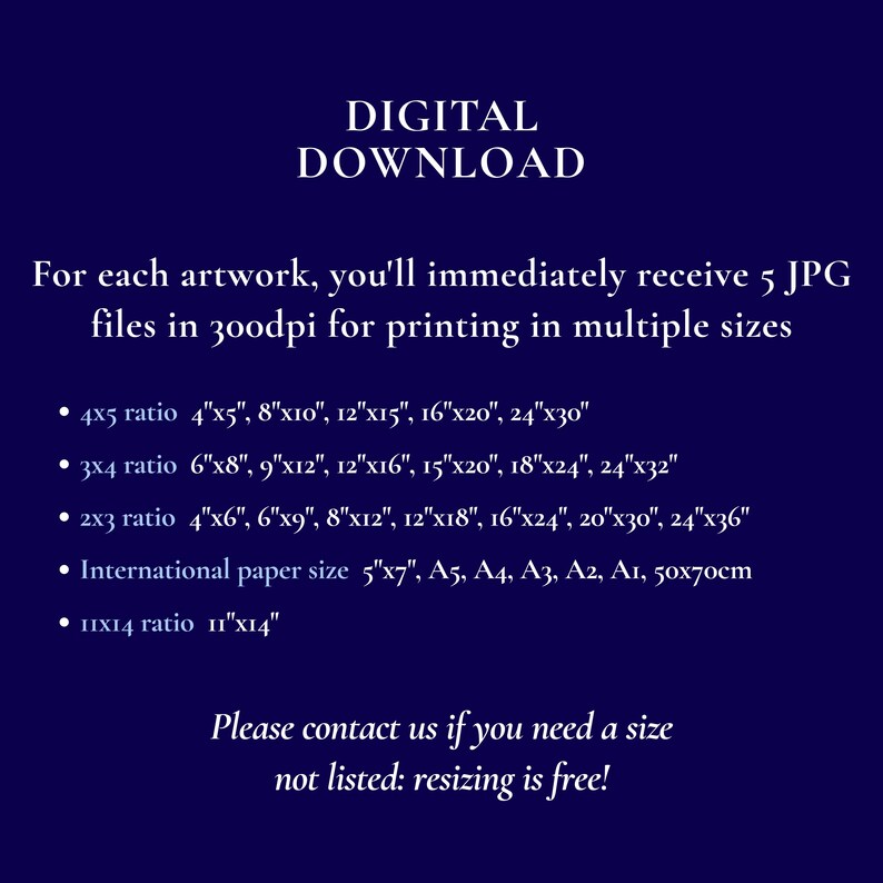 Puede incluir: Gr&aacute;fico de descarga digital azul oscuro con texto blanco. El texto enumera varios tama&ntilde;os de impresi&oacute;n en cm, incluyendo 10x13, 20x25, 30x38, 40x51 y 61x76. Tambi&eacute;n menciona 5 archivos JPG a 300 ppp.