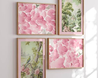 Sage Green Pink Toile de Jouy Bird Set, Baby Nursery Wall Art (Digital Download)