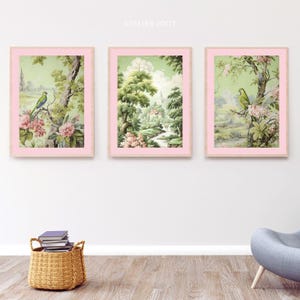 Conjunto de Arte de Parede Verde e Rosa: Tríptico com Impressões de Pássaros Rosa Claro (Download Digital)