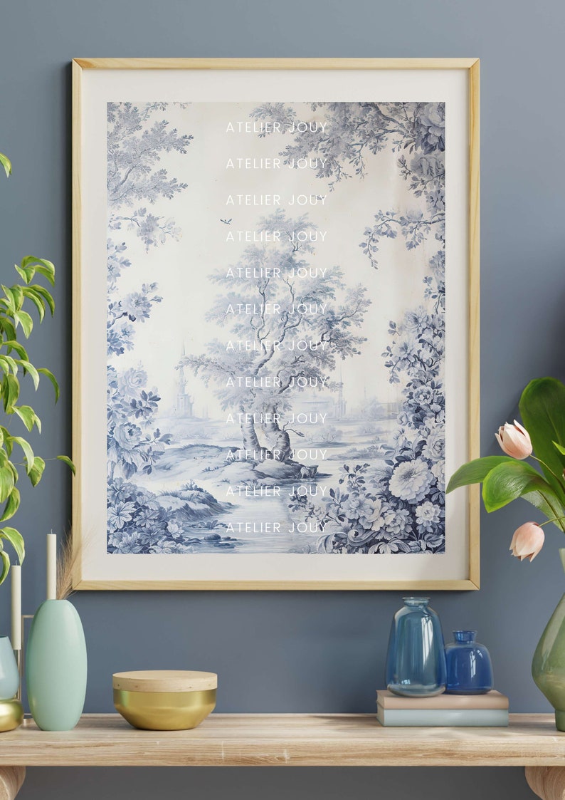 Toile De Jouy Poster Instant Download Japandi Art Light Blue Wall Art ...