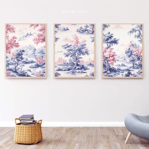 Toile de Jouy Pattern | Nursery Art | 3 Piece Wall Art | Triptych Wall Art | Light Pink Wall Art | Light Blue Wall Decor
