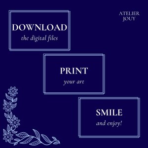 Puede incluir: Gr&aacute;fico azul oscuro con texto blanco: "DESCARGAR los archivos digitales", "IMPRIME tu arte" y "&iexcl;SONR&Iacute;E y disfruta!". Un dise&ntilde;o floral est&aacute; en la esquina inferior izquierda, y "ATELIER JOUY" est&aacute; en la esquina superior derecha.