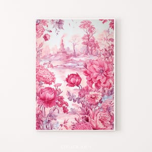 Printable Girly Pink Wall Art Print, Art Nouveau William Morris Style Poster, Vibrant Pink Digital Download, Pretty Modern Toile de Jouy