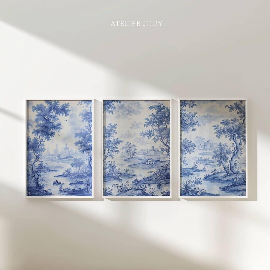 Light Blue Wall Art | Toile De Jouy Pattern | Chinoiserie Wallart | 3 ...