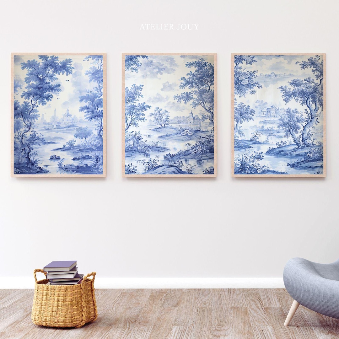 Blue Toile De Jouy Chinoiserie Wall Art Set: French Style Posters ...