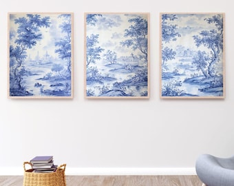 Blue Toile de Jouy Chinoiserie Wall Art Set: French Style Posters (Digital Printable Art)