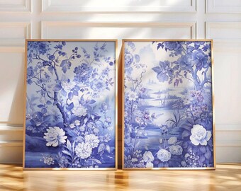 Royal Blue Toile de Jouy Print Set: Art Nouveau Floral Diptych (Digital Download)
