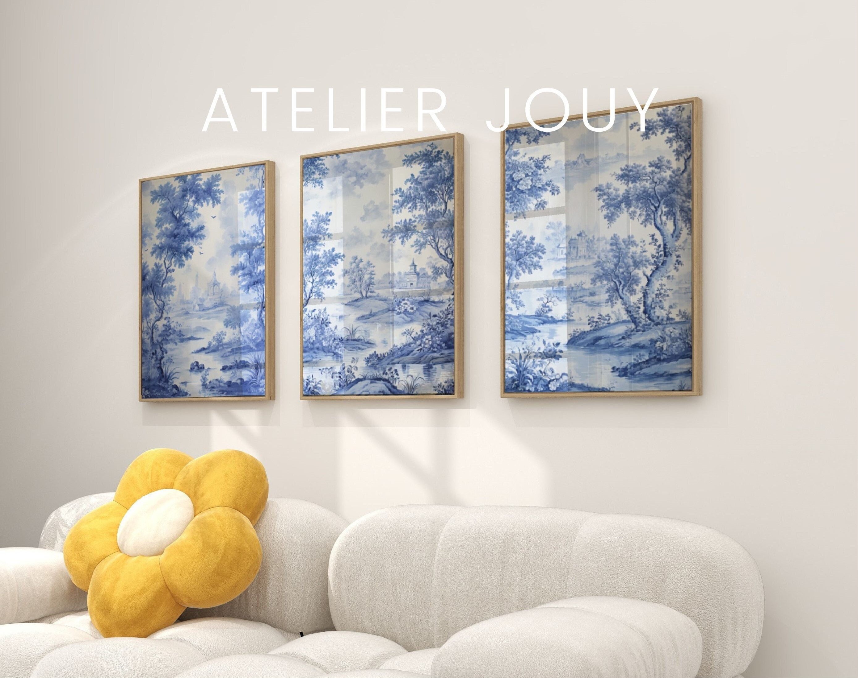 Toile De Jouy Print Light Blue Wall Art Vintage Wall Art 3 Piece Wall ...