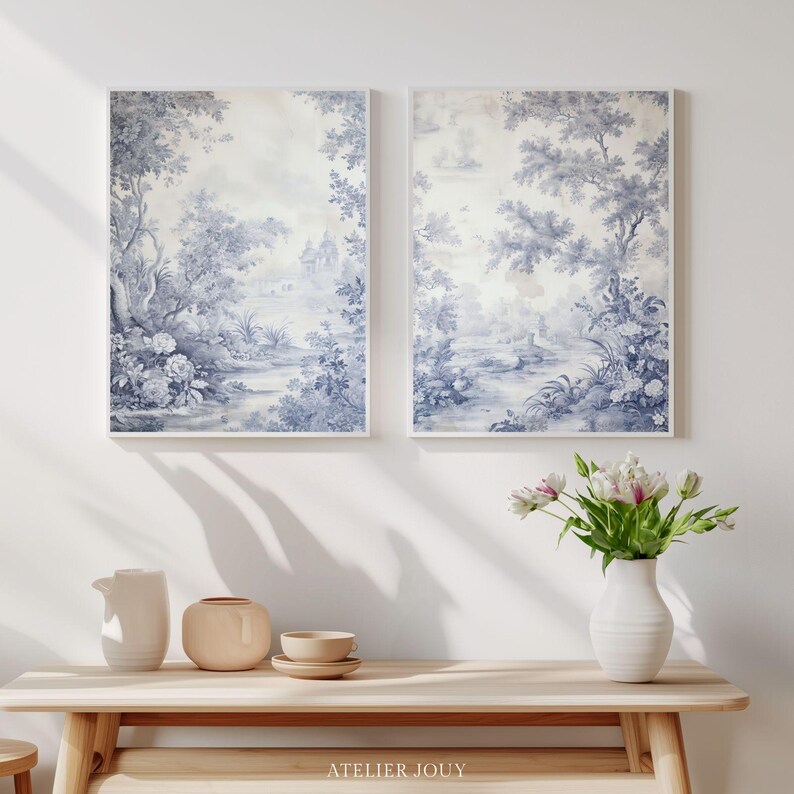Toile De Jouy Japandi Wall Art Diptych: Dusty Blue Vintage Decor Prints ...