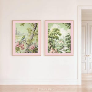 Two pieces of vintage botanical art in a single digital download. The first print is an intimate scene of a green bird perched above pink peonies with a Gothic tower beyond the trees. The second unfolds into a full chinoiserie landscape, lush with soft green foliage, a winding river and a cottage in the mist. Print-ready in all standard ratios. Instant download.