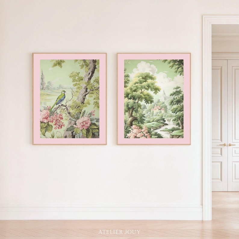 Two pieces of vintage botanical art in a single digital download. The first print is an intimate scene of a green bird perched above pink peonies with a Gothic tower beyond the trees. The second unfolds into a full chinoiserie landscape, lush with soft green foliage, a winding river and a cottage in the mist. Print-ready in all standard ratios. Instant download.