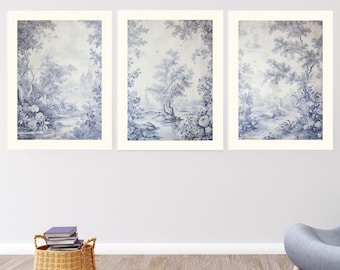 Dusty Blue Toile de Jouy Prints Set: Chinoiserie Wall Art Triptych (Digital Download)