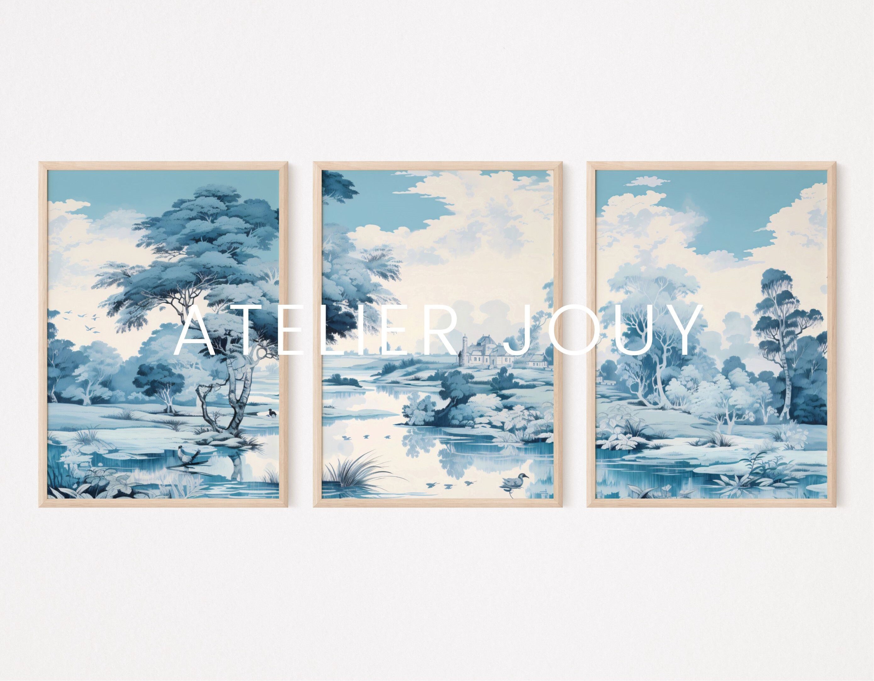 Toile De Jouy Pattern Light Blue Wall Art 3 Piece Wall Art Set ...