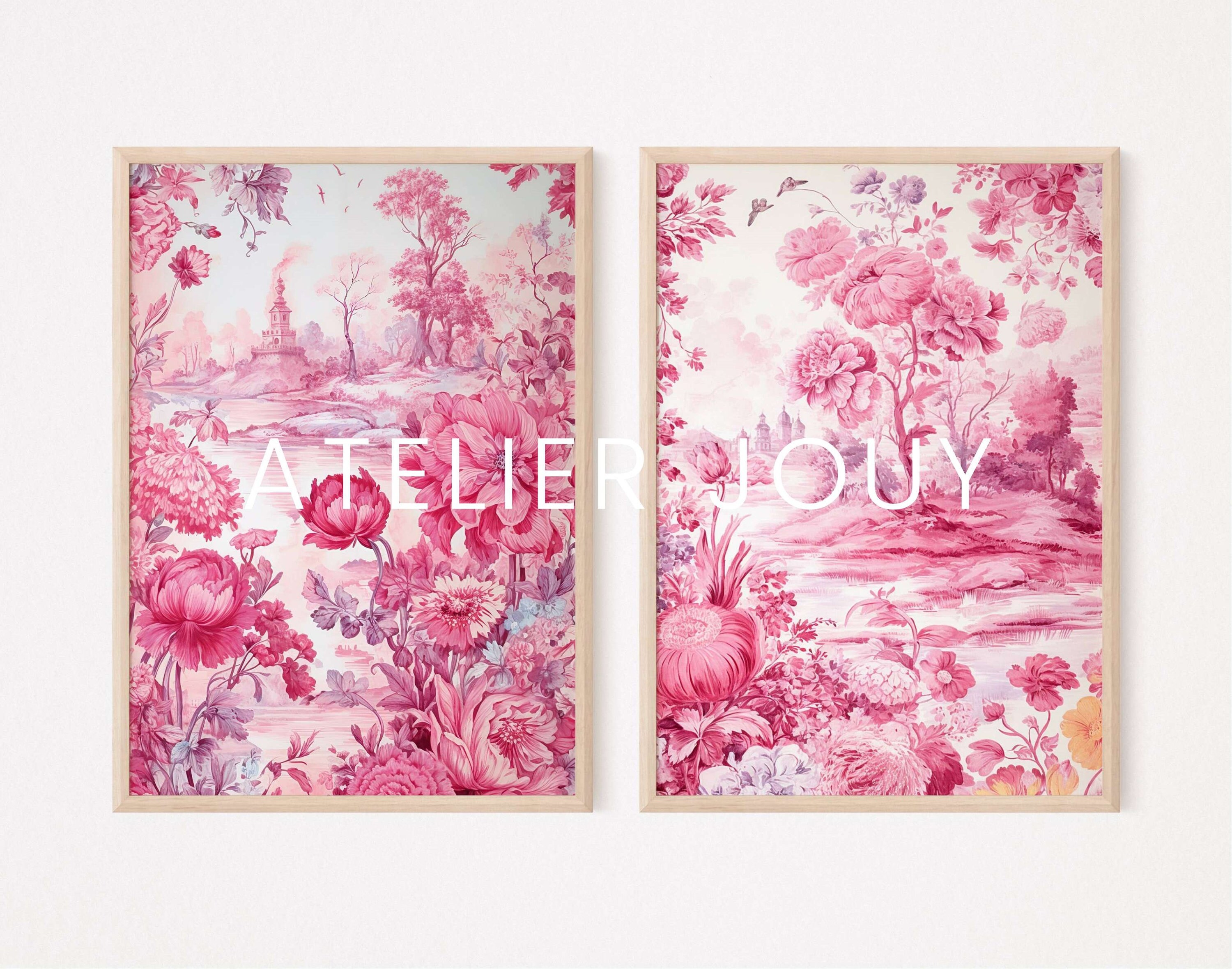 Pink Toile De Jouy Diptych Wall Art Light Pink Wall Art Nouveau Print